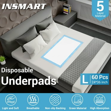 INSMART Bed Pads for Incontinence Disposable 24'' X 36'' , 60 Count Disposable Incontinence Bed Pads,Waterproof Bed Pads-Super Absorbent Protection