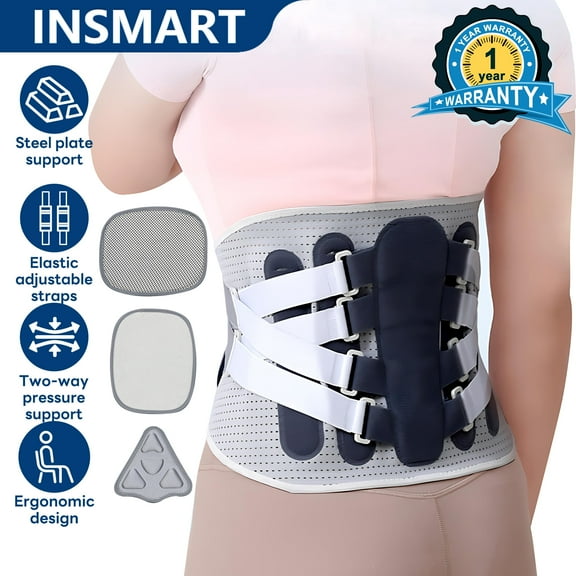 INSMART Back Brace for Lower Back Pain - Lumbar Support Belt with 4 Reinforced Steel Plates, Breathable & Adjustable