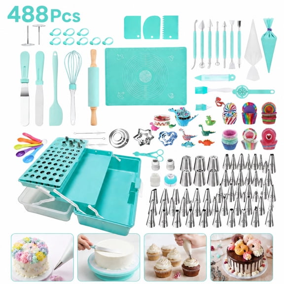 INSMART 488 Pcs Cake Decorating Kit Complete Baking Tools Set with Stainless Steel Piping Tips Nozzles Turntable Silicone Spatula and Fondant Tools Mint Green Storage Box