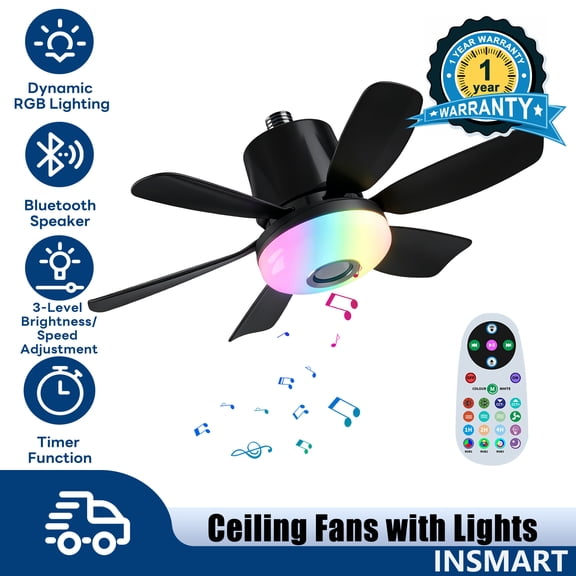 INSMART Ceiling Fans with Lights,Fan Light with Multi-Color RGB Adjustable Brightness and Bluetooth Speaker, 18 Inch bluetooth ceiling fan, Ambient Light Fan Light with Remote Control