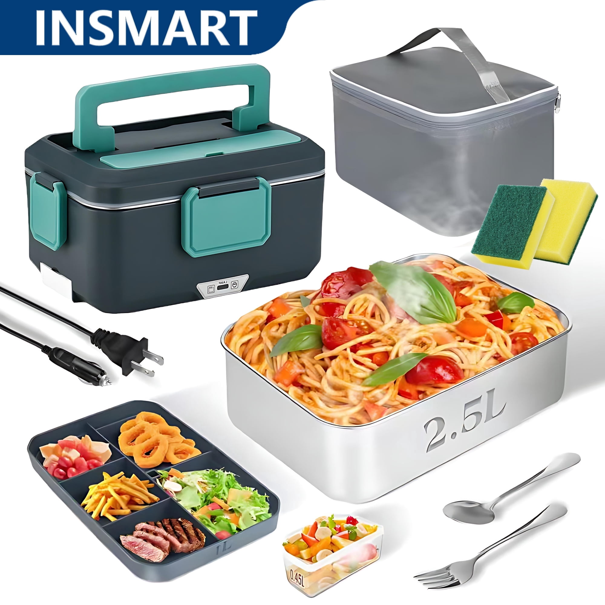 INSMART Electric Lunch Box Food Heater, 90w 2-Layer (2.5L + 1L)Portable Food Warmer, 12V/24V/110V Heated Lunch Boxes for Car/Truck/Office With Fork Spoon and Insulated Carry Bag