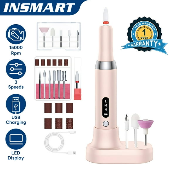 INSMART Electric Nail Drill, Cordless Nail File Kit, Portable Manicure Pedicure Tool with 12 Drill Bits & Wireless Charging Base for Acrylic Gel Nails Polishing Removal