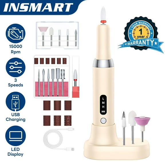 INSMART Electric Nail Drill, Cordless Nail File Kit, Portable Manicure Pedicure Tool with 12 Drill Bits & Wireless Charging Base for Acrylic Gel Nails Polishing Removal