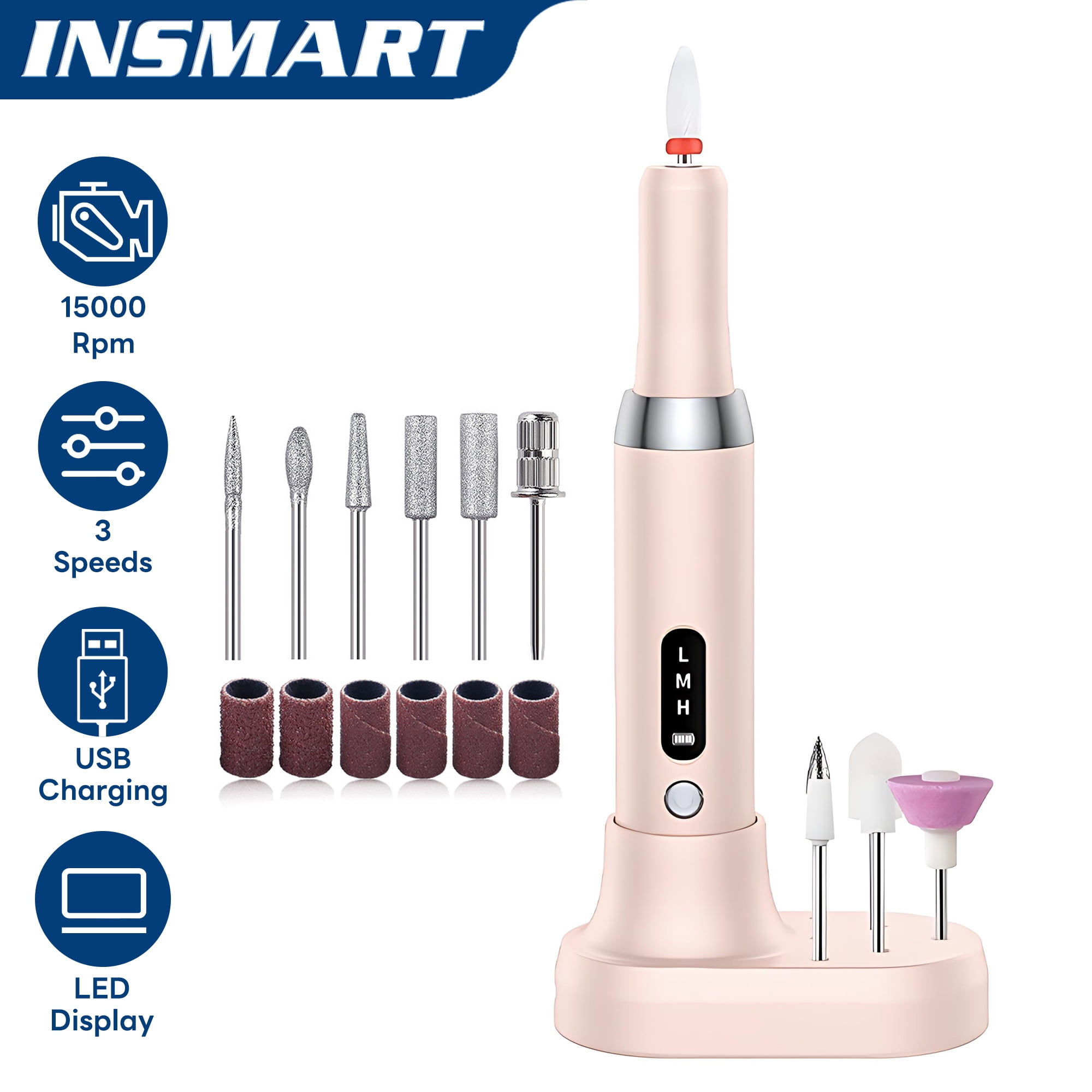 INSMART Cordless Electric Nail Drill Kit 15000 RPM Rechargeable Electric Nail File for Manicure with 3 Speeds, LED Display, Dual Charging, 12 Bits, 6 Sanding Bands & Base