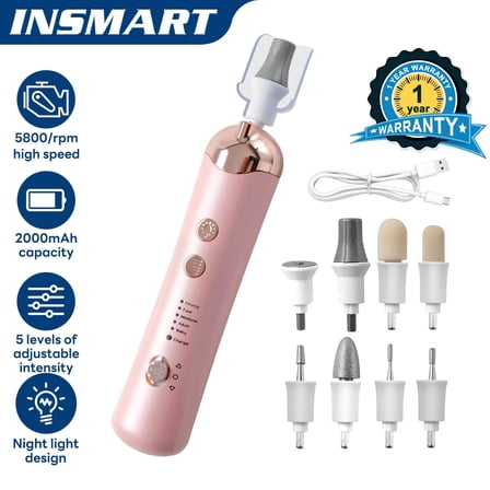 INSAMRT Cordless Nail Drill Electric File,with LED Light 8 in 1 Portable Nail Drill Machine Kit, Rechargeable Manicure Pedicure Tools Polish Set Pink