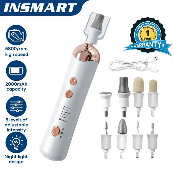 INSAMRT Cordless Nail Drill Electric File,with LED Light 8 in 1 Portable Nail Drill Machine Kit, Rechargeable Manicure Pedicure Tools Polish Set White