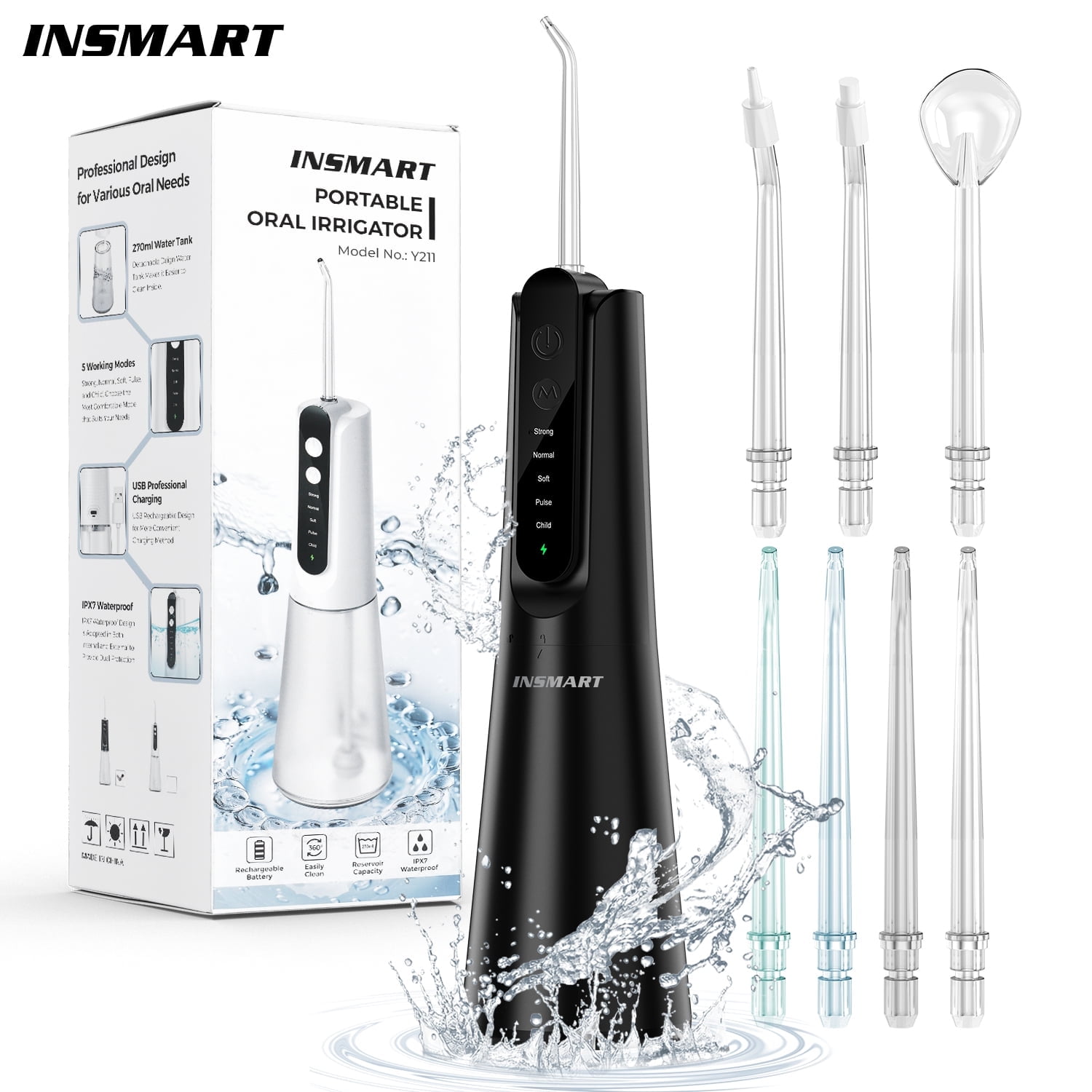 INSMART Cordless Water Flosser Dental Teeth Cleaner with 7 Jet Tips, 5 Mode 270 ML Tank IPX7 Waterproof,New Absorbent Balls to Filter Impurities
