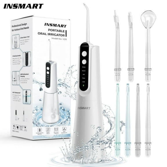INSMART Cordless Water Flosser Dental Teeth Cleaner with 7 Jet Tips, 5 Mode 270 ML Tank IPX7 Waterproof,New Absorbent Balls to Filter Impurities
