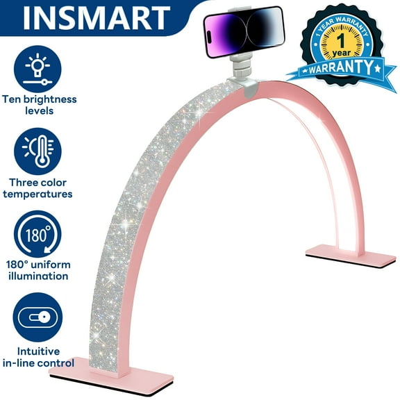 INSMART Half Moon Light for Nail Desk - 3-Color LED Desk Lamp with Phone Holder and Diamond for Nail Art & Makeup