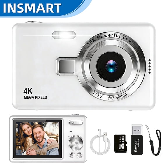 INSMART 4K Digital Camera, 96MP FHD 1080P Point and Shoot Cameras with 64GB TF Card, 2.4" Screen 16X Zoom, 4 Filter Modes, Portable Compact Vlogging Camera for Kids, Teens, Adults, Beginners, Selfies
