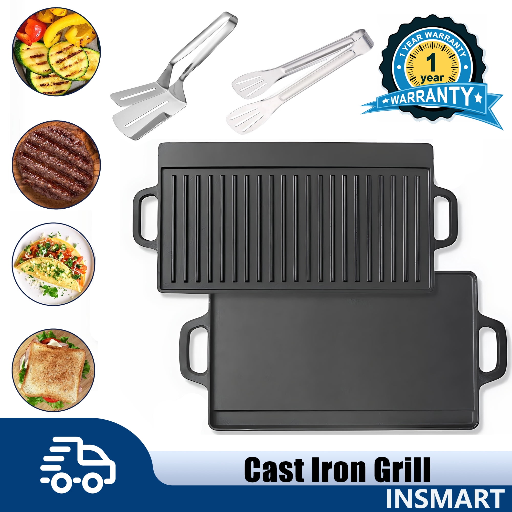 INSMART Cast Iron Grill, Reversible Griddle Plate Pan Set for Stovetop, Gas Grilling, Outdoor Cooking, Rectangular & Ribbed, 16.5 x 9 Inch