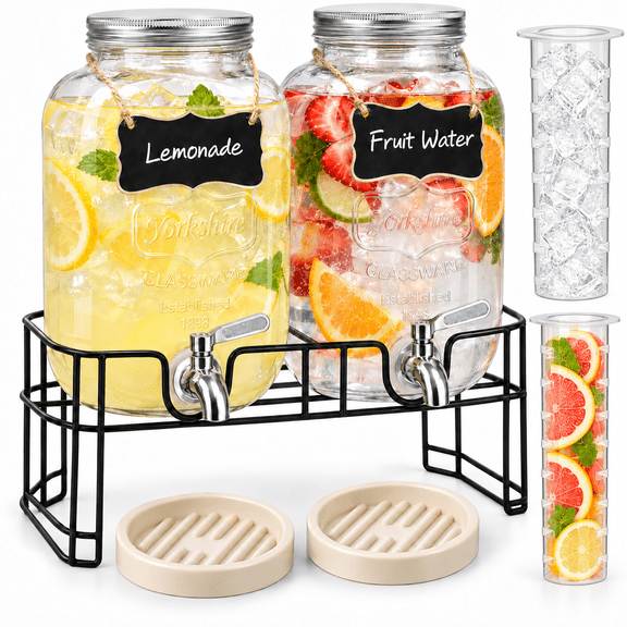 INSMART 2-Pack Glass Drink Dispenser, 2 Gallon Total with Stand, Drip Trays & Stainless Steel Spigots