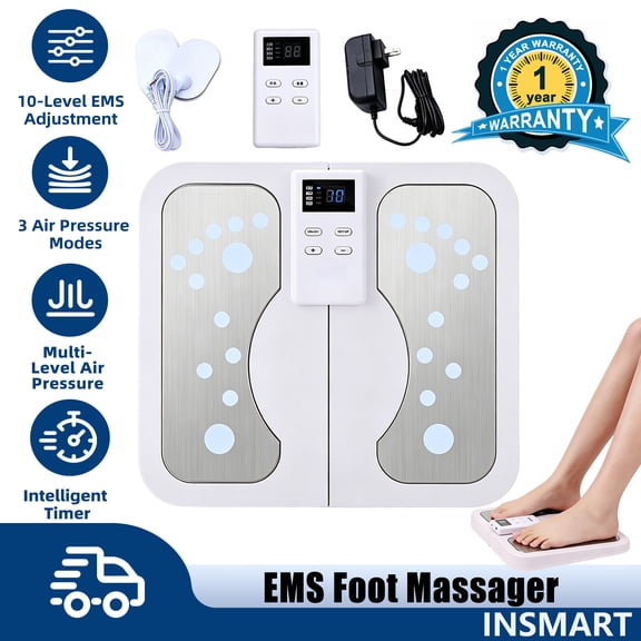 INSMART EMS Foot Massager, 10 Modes 50 Intensity Levels for Foot Circulation, Neuropathy and Muscle Pain Relief Foldable Design with 2 Electrode Pads for Plantar Fasciitis & Muscle Recovery