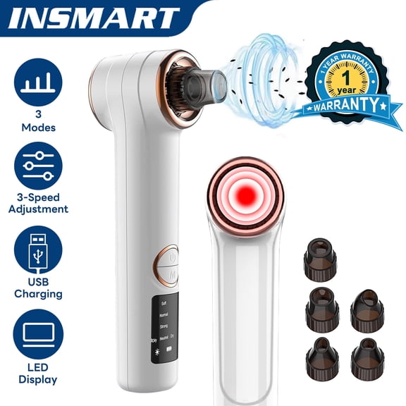 INSMART Electric Blackhead Remover - Pore Vacuum Cleaner with Heating Mode, 3 Suction Levels & 5 Attachments, Facial Comedone Extractor Kit for Deep Cleansing
