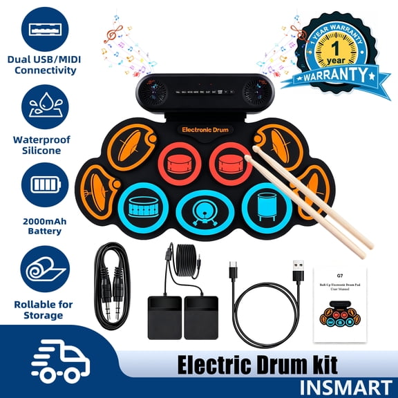INSMART Electric Drum Set, 9-Pad Roll-Up Electronic Drum Kit with Dual Speakers / Headset Jack / Drumsticks / Foot Pedals,Roll-up Drum Practice Pad for Beginners Birthday Gift