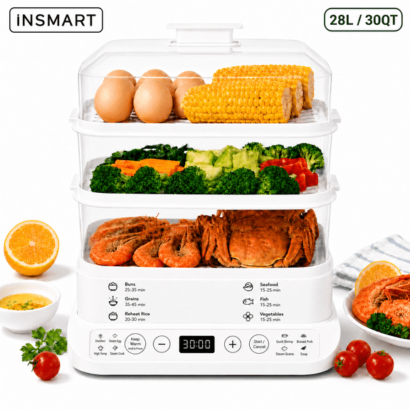 INSMART Electric Food Steamer, 3-Tier 30QT Stackable Steam Cooker with 800W Power, 24H Intelligent Timer & Auto Shut-Off, Baby Food Maker, Rice Cooker, Healthy Vegetable & Seafood Steamer for Cooking
