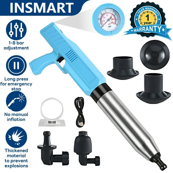 INSMART Electric High-Pressure Toilet Unclogger for Home,Air Drain Blaster with 4 Attachments,8BAR Pressure,45W Motor,Real-Time Pressure Gauge, Splash-Proof for Unclog Toilets,Sinks,Showers & Kitchen
