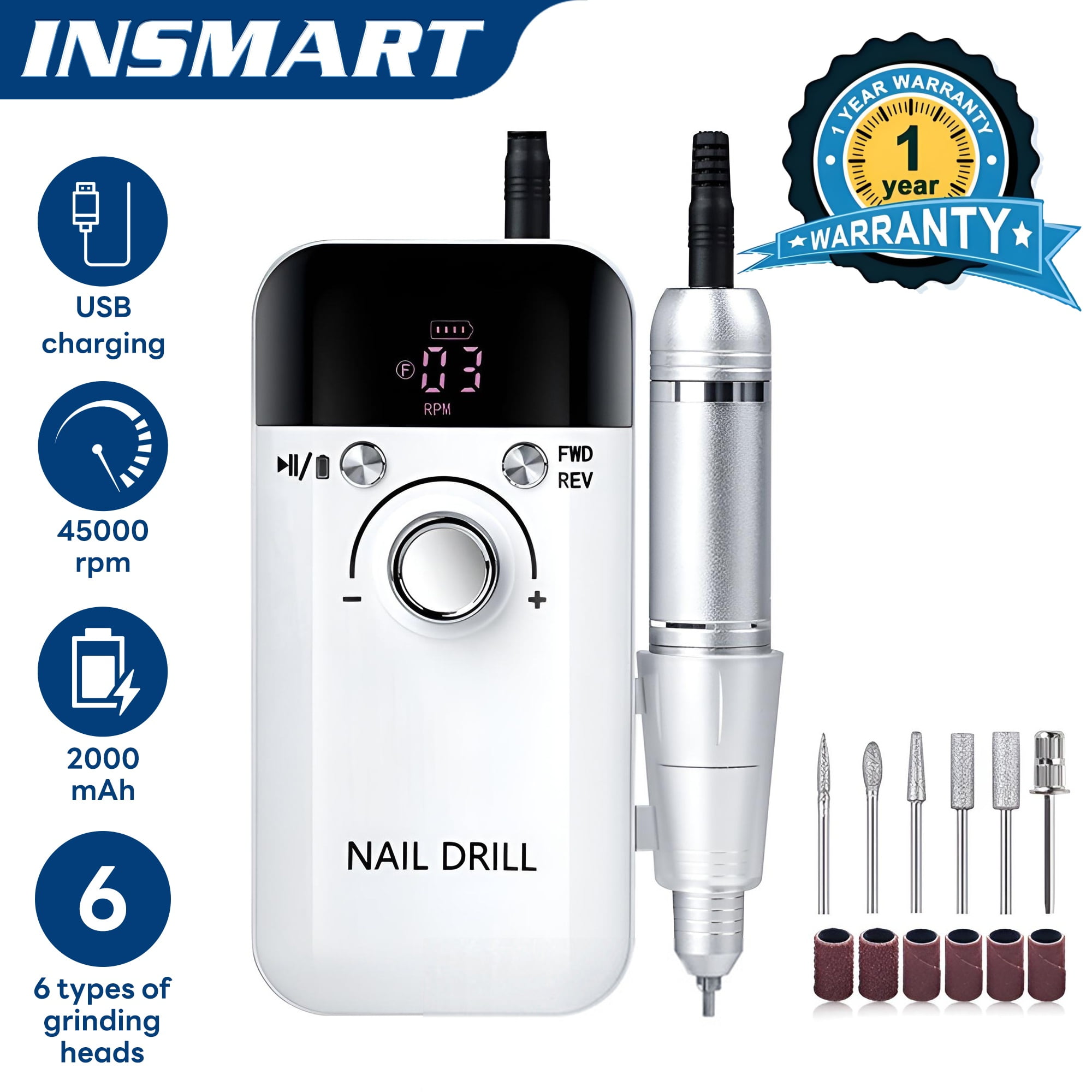 INSMART Electric Nail Drill Machine - 45000RPM Rechargeable Portable Nail File Kit for Acrylic, Gel Nails, Manicure & Pedicure, Professional Salon Tools for Women, White