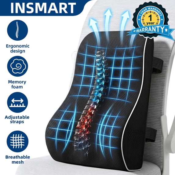 INSMART Ergonomic Lumbar Support Pillow with Adjustable Memory Foam - Breathable 3D Mesh Back Cushion for Office Chair, Car Seat & Home Use, Machine-Washable Cover, Pain Relief & Posture Support