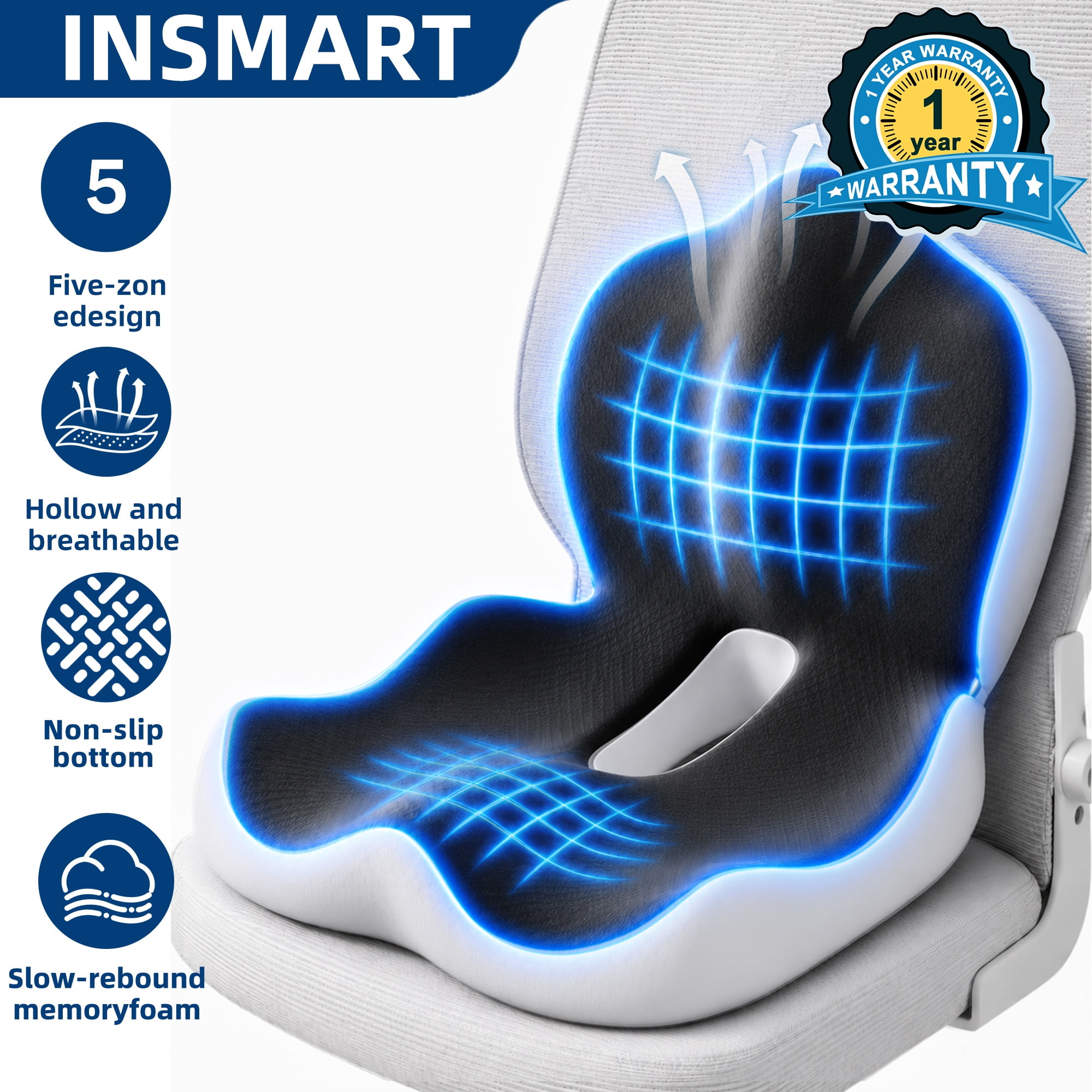 INSMART Ergonomic Seat Cushion with Lumbar Support – 2-in-1 Memory Foam Chair Pad for Posture Support & Comfort, Non-Slip Design for Office, Car, Wheelchair – 11.81" W x 16.54" D x 17.72" H