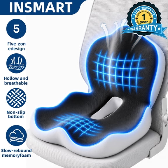 INSMART Ergonomic Seat Cushion with Lumbar Support – 2-in-1 Memory Foam Chair Pad for Posture Support & Comfort, Non-Slip Design for Office, Car, Wheelchair – 11.81" W x 16.54" D x 17.72" H