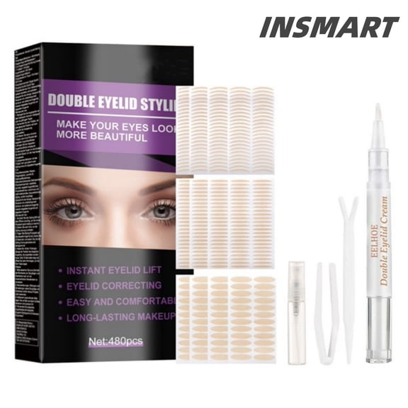 INSMART Eyelid Tape, 480PCS Invisible Double Eyelid Stickers, Waterproof Eyelid Lifter Strips with Fork Rods & Tweezers for Hooded, Droopy, Uneven, Mono-eyelids