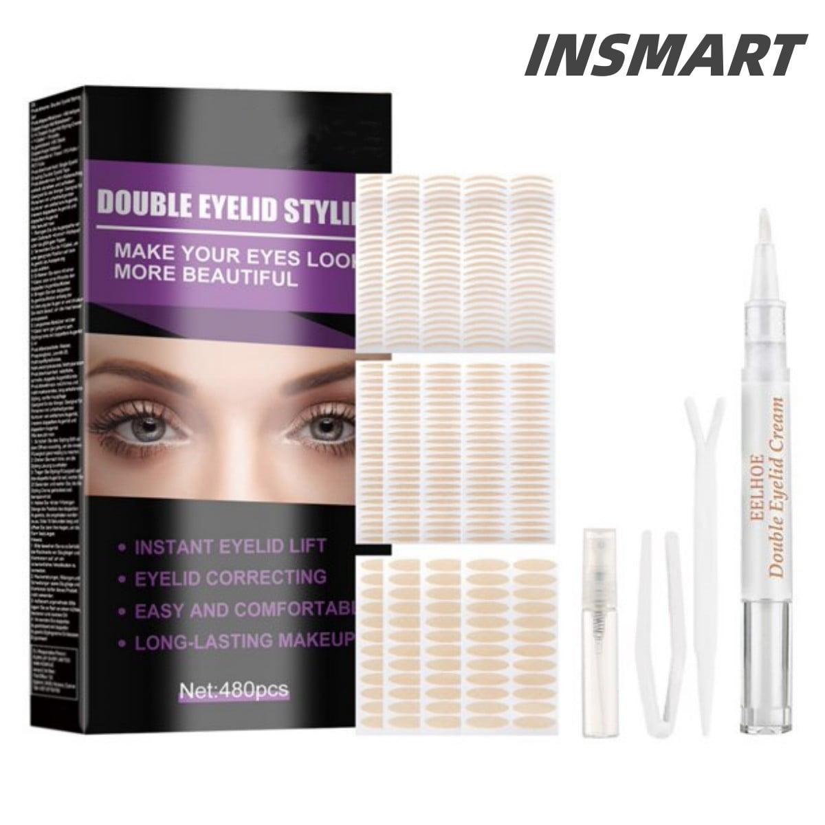 INSMART Eyelid Tape, 480PCS Invisible Double Eyelid Stickers, Waterproof  Eyelid Lifter Strips with Fork Rods & Tweezers for Hooded, Droopy, Uneven,  Mono-eyelids 