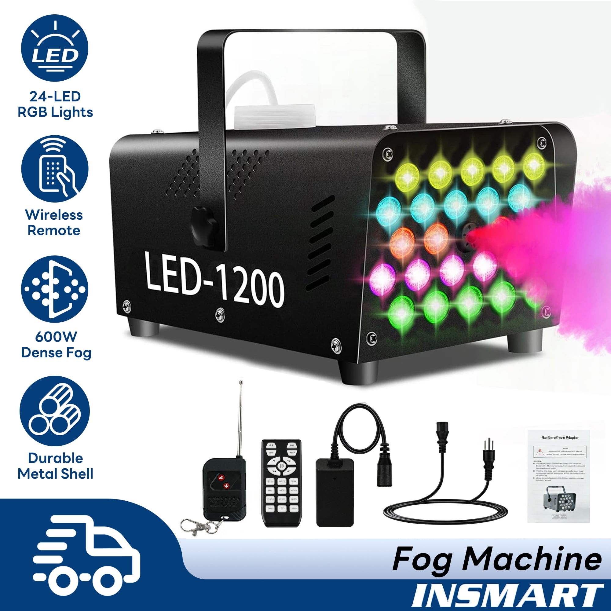 INSMART Fog Machine with 24 RGB LED Lights, 600W Smoke Machine With 13-Color LED Effects, Wired And Wireless Remote Control for Party, Wedding, DJ