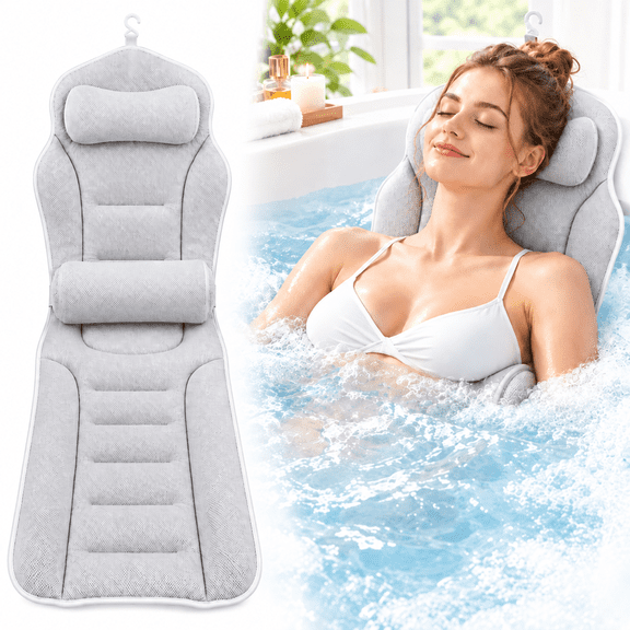 INSMART Full Body Bath Pillow, Ergonomic Tub Cushion with Detachable Lumbar Support, 160 Suction Cups, 51x16in White Spa Mat