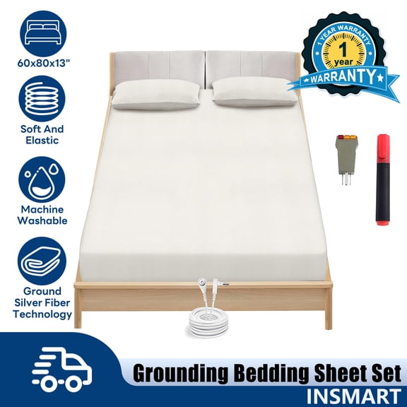 INSMART Grounding Bedding Sheet Set, 48% Organic Cotton+49% modal+3% Pure Silver Organic Fitted Grounded Sheet for Improved Sleep, Pain Relief