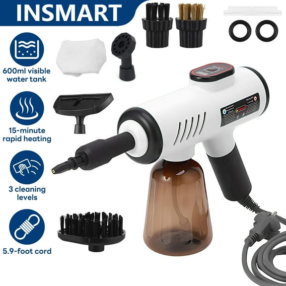 INSMART Handheld Steam Cleaner,1200W High-Temperature Pressurized Steamer for Home,600ml Tank,Fast 13-Second Heat-Up,3 Adjustable Modes,7 Accessories for Cleaning Car, Bathroom,Shower,Grease