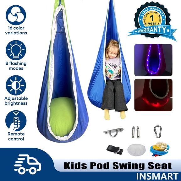 INSMART Kids Pod Swing Seat LED with 16-Color Remote & Side Pockets, Soft Cotton Fabric Supports 330 lbs, Inflatable Pillow Included, for Play, Reading & Napping