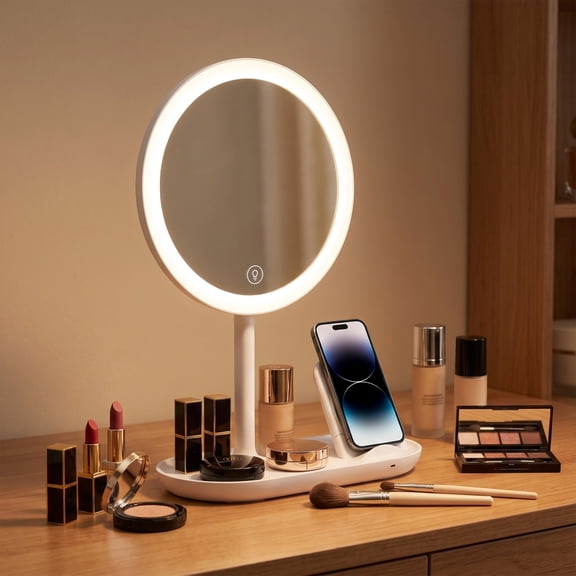INSMART Makeup Mirror with Led Lights, 3-Color Dimmable Vanity Mirror, Wireless Charging Phone Stand, Detachable Portable 45° Rotating