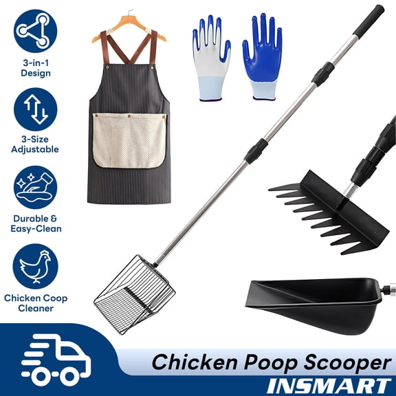 INSMART Large Chicken Poop Scooper, 3-in-1 Adjustable Detachable Chicken Coop Accessories with 6” Metal Shovel Head, Chicken Poop Scoop for Sand & Bedding