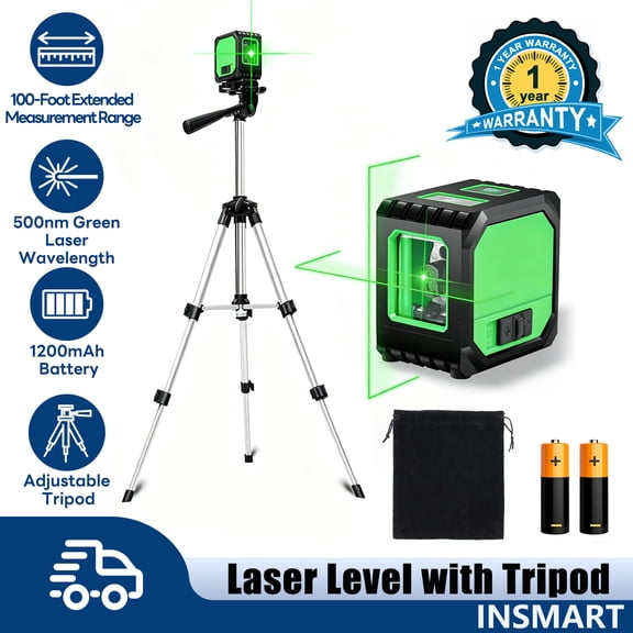 INSMART Laser Level with Tripod, 100Ft Green Cross Line Laser Level Self Leveling for Picture Hanging Tile, Decoration & DIY Construction, 360 Magnetic Base & Battery and Carry Pouch Included