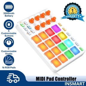 INSMART MIDI Pad Controller, Portable MIDI Controller with 16 RGB Backlit Pads, 8 Assignable Knobs, Rechargeable, PC Mobile App Support for Beginners