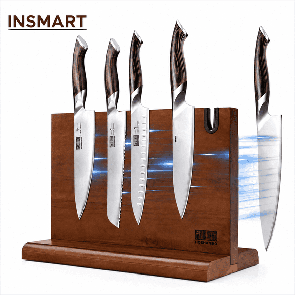 INSMART Magnetic Knife Block, 14 x 10 Inches Acacia Wood Magnetic Knife Holder, Double Sided Magnetic Knife Stand with Knife Sharpener, Knives Organizer Holder for Kitchen Counter