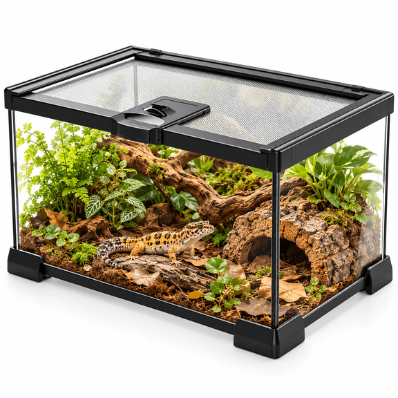 INSMART Mini Reptile Terrarium, 12" x 8" x 6" Glass Tank with Locking Lid and Feeding Port