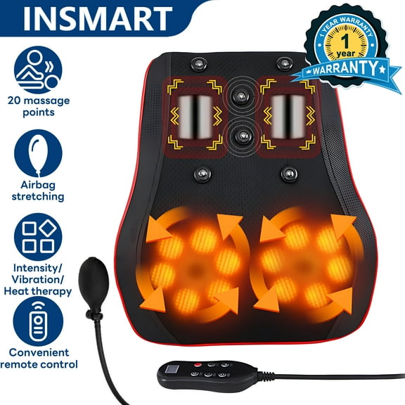 INSMART Neck and Back Massager with Heat & Vibration, 20-Node 3D Shiatsu Kneading Massage Pillow with Remote for Full-Body Use – Home & Car