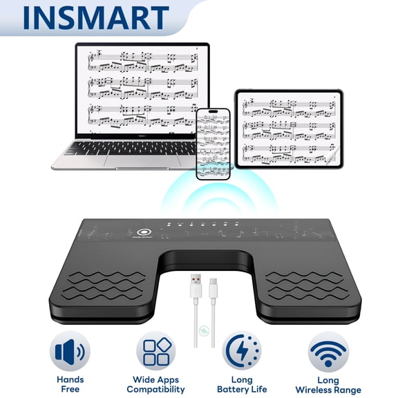 INSMART Page Turner Pedal, Automatic Music Page Turner,Wireless Bluetooth Foot Pedal Double Switch Music Page Turner for iPad, Tablets, Smartphones,Piano