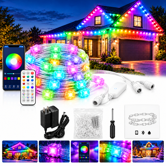 INSMART Permanent Outdoor Lights 100ft, RGBIC Smart Outdoor Christmas Lights, Bluetooth App & Remote, 60 LED Eaves Lights, IP67 Waterproof DC24V for House, Roof, Garden, Patio & Halloween