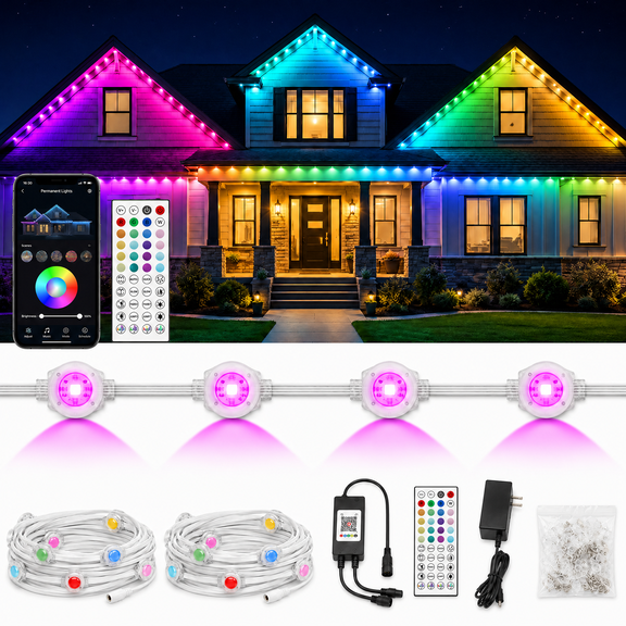INSMART 100FT RGB Permanent Outdoor Lights, 50 RGB Eaves Lights with APP, 44-Key Remote, Music Sync, IP67 Waterproof for House Holiday Decor