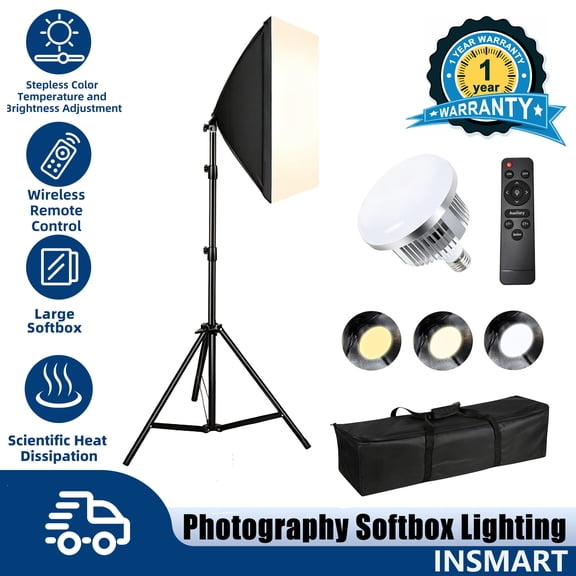 INSMART Photography Softbox Lighting Kit, 27'' x 19'' Softbox Lighting Kit with 700W 2700K-6500K LED Bulb, 3 Color Temperatures, Remote Control & 63" Adjustable Tripod for Photography Studio