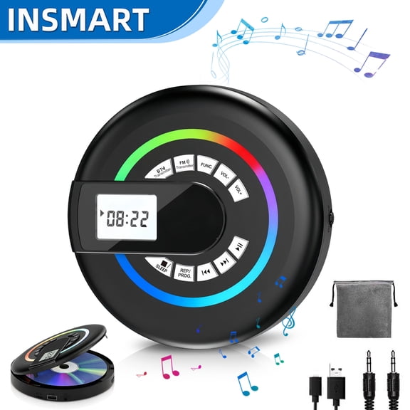 INSMART Portable CD Player with Bluetooth, 2000mAh Rechargeable, LCD Display, Personal CD Player with Stereo Speakers for Car, Home, Travel