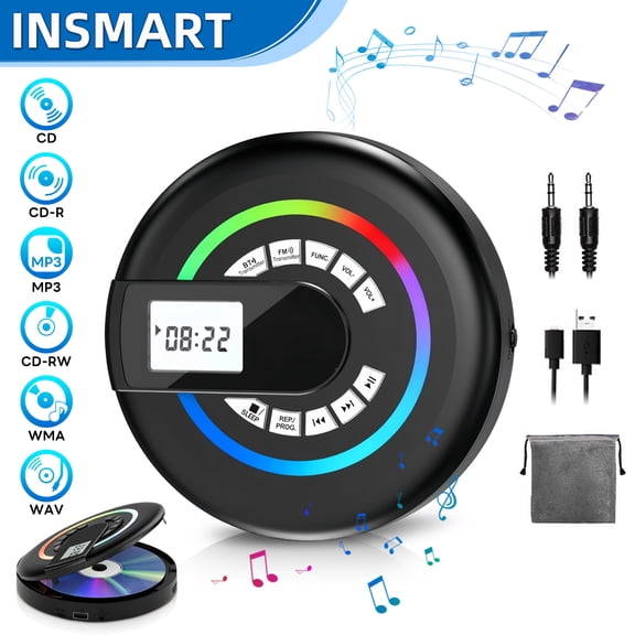INSMART Portable CD Player with Bluetooth, 2000mAh Rechargeable, LCD Display, Personal CD Player with Stereo Speakers for Car, Home, Travel