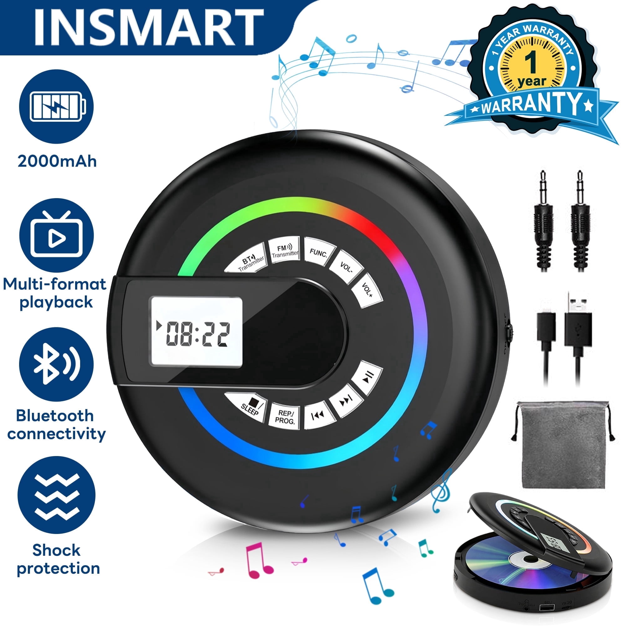 INSMART Portable CD Player with Bluetooth, 2000mAh Rechargeable Personal Discman for Travel, Anti-Skip Protection for Indoor Outdoor Use
