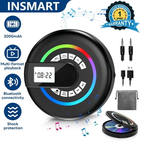 INSMART Portable CD Player with Bluetooth, 2000mAh Rechargeable Personal Discman for Travel, Anti-Skip Protection for Indoor Outdoor Use