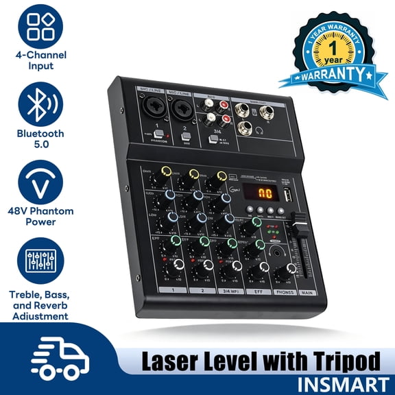 INSMART Professional Audio Mixer, Sound Board Console System Interface 4 Channel Digital USB Bluetooth MP3 Computer Input 48V Phantom Power Stereo DJ Mixers Studio Streaming for Recording