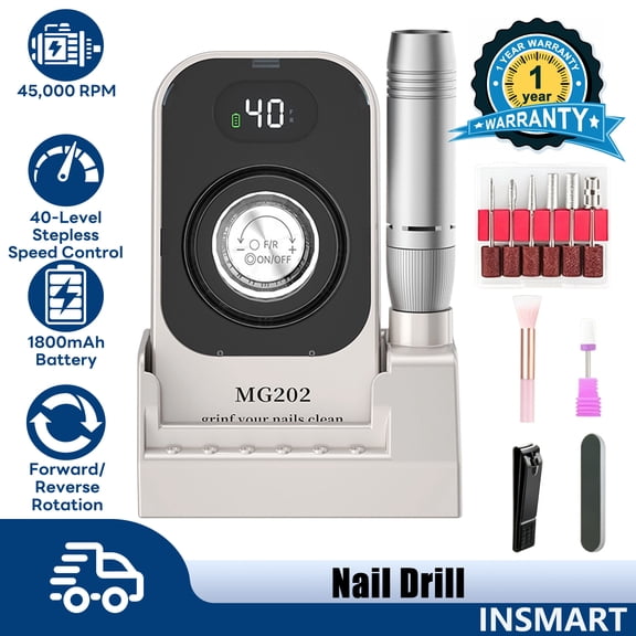 INSMART Professional Nail Drill, 45000RPM Electric Nail File with 40 Speed Settings, LED Display & 10H Long Lasting Battery, Portable Nail Drill Electric File for Acrylic Gel Nails Manicure Pedicure