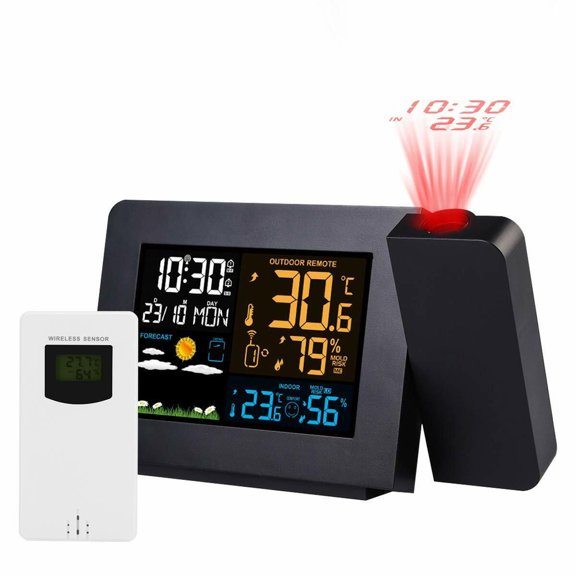 INSMART Projection Alarm Clock, Indoor/Outdoor Temperature Display, Dual Alarms, Multi-Color Backlight, Weather Forecast, and Wireless Remote Sensor